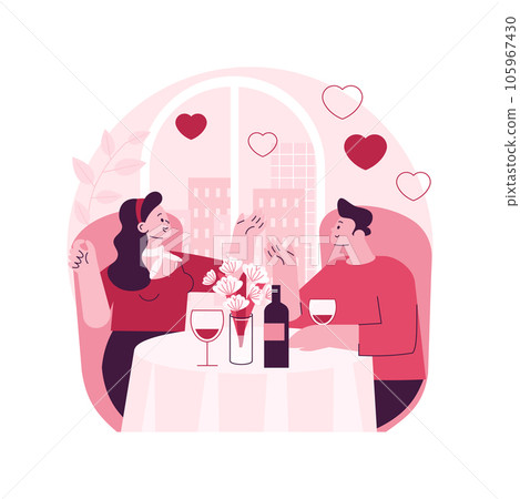 Romantic date abstract concept vector illustration. First date, romantic relationship, love story, Valentine day, give flower, couple fine dinning, celebrate dating anniversary abstract metaphor. Romantic date abstract concept vector illustration. First date, romantic relationship, love story, Valentine day, give flower, couple fine dinning, celebrate dating anniversary abstract metaphor. 105967430