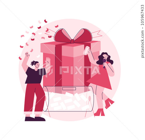 Prize draw abstract concept vector illustration. Big prize winner, online random draw, promotional marketing, brand advertising game, rules and conditions, buyers reward abstract metaphor. Prize draw abstract concept vector illustration. Big prize winner, online random draw, promotional marketing, brand advertising game, rules and conditions, buyers reward abstract metaphor. 105967433
