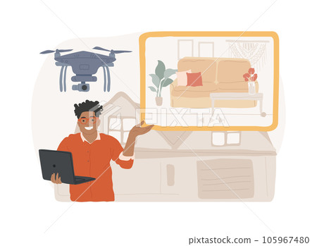 Real estate video tour isolated concept vector illustration. Real estate marketing, online streaming drone video, promotional shooting, open house, full-motion walk-through vector concept. 105967480