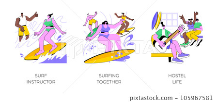 Surf camp isolated cartoon vector illustrations set. Girl in swimsuit learn to surf with an instructor, diverse young friends surfing in the ocean, hostel life, holiday trip vector cartoon. 105967581