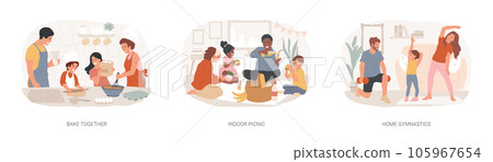 Family fun amid quarantine isolated concept vector illustration set. Bake together, indoor picnic, home gymnastics, time together with children, indoor activities, stay at home vector concept. 105967654