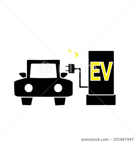 電動汽車的插圖。告知電動汽車和充電地點的標記 電動汽車的插圖。告知電動汽車和充電地點的標記 105967947