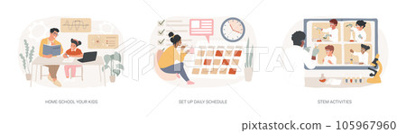Distance learning isolated concept vector illustration set. Home-school your kids, set up daily schedule, STEM activities, quarantine daily routine, remote home education, pandemic vector concept. Distance learning isolated concept vector illustration set. Home-school your kids, set up daily schedule, STEM activities, quarantine daily routine, remote home education, pandemic vector concept. 105967960