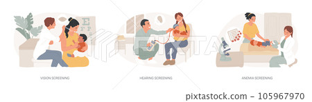 Newborn healthcare isolated concept vector illustration set. Vision and hearing screening, anemia diagnosis, primary care, pediatric exam, genetic disorder test, iron deficiency vector concept. Newborn healthcare isolated concept vector illustration set. Vision and hearing screening, anemia diagnosis, primary care, pediatric exam, genetic disorder test, iron deficiency vector concept. 105967970