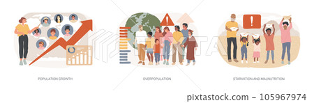 Demographics isolated concept vector illustration set. Population growth, overpopulation, starvation and malnutrition, human quantity growth, hunger and lack of food, urbanization vector concept. 105967974