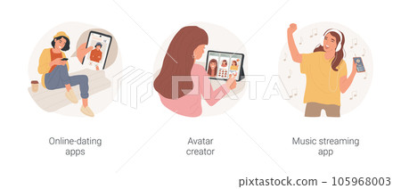 Teenager using apps isolated cartoon vector illustration set. Teen use online-dating app, portrait on smartphone screen, avatar creator, music streaming application, wear headphones vector cartoon. Teenager using apps isolated cartoon vector illustration set. Teen use online-dating app, portrait on smartphone screen, avatar creator, music streaming application, wear headphones vector cartoon. 105968003