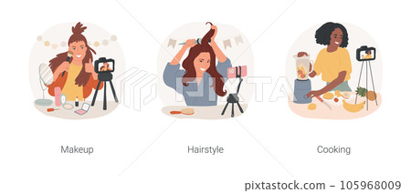 Video tutorials isolated cartoon vector illustration set. Cheerful teenage girl recording makeup tutorial, giving styling tips on vlog, food blogger filming cooking classes vector cartoon. Video tutorials isolated cartoon vector illustration set. Cheerful teenage girl recording makeup tutorial, giving styling tips on vlog, food blogger filming cooking classes vector cartoon. 105968009
