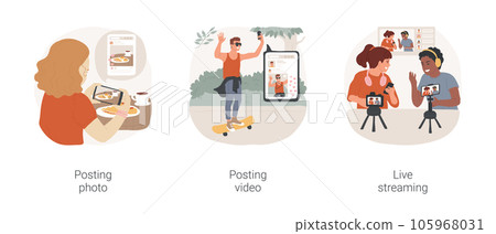 Social media interaction isolated cartoon vector illustration set. Teen girl taking and posting food photo, video content creation, vlogger live streaming, influencer marketing vector cartoon. 105968031