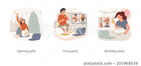 Virtual party isolated cartoon vector illustration set. Smiling teen girl opening gift box, stay connected, virtual pizza party, online birthday celebration with friends, video call vector cartoon. Virtual party isolated cartoon vector illustration set. Smiling teen girl opening gift box, stay connected, virtual pizza party, online birthday celebration with friends, video call vector cartoon. 105968039