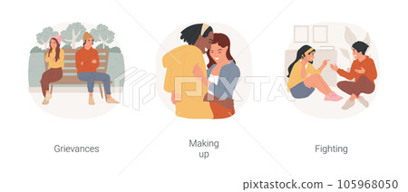 Teenage couple problems isolated cartoon vector illustration set. Two teens having grievances, looking in different directions, making up after fighting, quarrel, couple conflict vector cartoon. Teenage couple problems isolated cartoon vector illustration set. Two teens having grievances, looking in different directions, making up after fighting, quarrel, couple conflict vector cartoon. 105968050