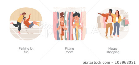Teen first relationship isolated cartoon vector illustration set. Teen couple having date at parking lot, two teenagers trying on clothes, fitting room fun, happy couple shopping vector cartoon. Teen first relationship isolated cartoon vector illustration set. Teen couple having date at parking lot, two teenagers trying on clothes, fitting room fun, happy couple shopping vector cartoon. 105968051