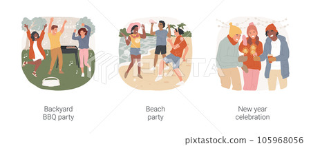 Outdoor party isolated cartoon vector illustration set. Birthday party on backyard, teen making BBQ, dancing and having fun at beach, new year celebration, teens holding sparklers vector cartoon. Outdoor party isolated cartoon vector illustration set. Birthday party on backyard, teen making BBQ, dancing and having fun at beach, new year celebration, teens holding sparklers vector cartoon. 105968056