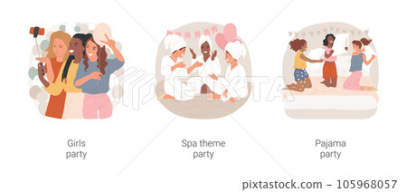 Ladies night isolated cartoon vector illustration set. Teenage girls making selfie, spa theme party, making cosmetic procedures, teens having fun in pajamas, pillow fight, celebrate vector cartoon. 105968057