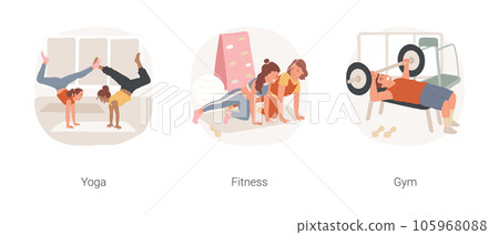 Teen fitness isolated cartoon vector illustration set. Teenager staying fit, young girls doing yoga at studio, teenage fitness training, guy lifting weight in gym, bodybuilding vector cartoon. Teen fitness isolated cartoon vector illustration set. Teenager staying fit, young girls doing yoga at studio, teenage fitness training, guy lifting weight in gym, bodybuilding vector cartoon. 105968088