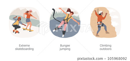 Extreme teen sports isolated cartoon vector illustration set. Downhill riding, extreme skateboarding, bungee jumping equipment, climbing outdoors, bouldering, teenagers having fun vector cartoon. 105968092