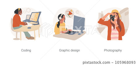 Modern hobby isolated cartoon vector illustration set. Teen boy programming and coding, graphic design, teenage girl drawing using tablet, digital photography, taking pictures vector cartoon. 105968093