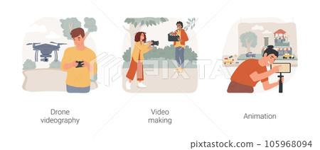 Digital hobby isolated cartoon vector illustration set. Drone videography, using remote controller, video making, filming with professional camera, create animation with smartphone vector cartoon. 105968094