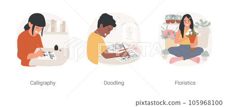 Creative hobbies isolated cartoon vector illustration set. Calligraphy, creative lettering hobby, doodling, floristics hobby, drawing comics, girl holding bouquet, flower arranging vector cartoon. Creative hobbies isolated cartoon vector illustration set. Calligraphy, creative lettering hobby, doodling, floristics hobby, drawing comics, girl holding bouquet, flower arranging vector cartoon. 105968100