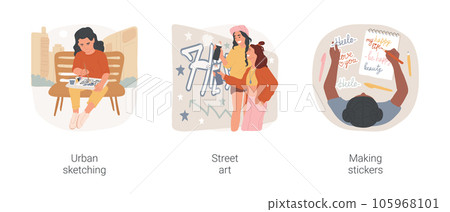 Teenager creative hobby isolated cartoon vector illustration set. Urban sketching, girl drawing urban sketch, street art, making graffiti artwork on wall, create stickers, lettering vector cartoon. Teenager creative hobby isolated cartoon vector illustration set. Urban sketching, girl drawing urban sketch, street art, making graffiti artwork on wall, create stickers, lettering vector cartoon. 105968101
