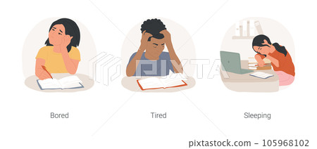Doing homework isolated cartoon vector illustration set. Unhappy teenager sitting and learning, feeling bored, teen fell asleep on copybook, tired of studying, sleeping at desk vector cartoon. Doing homework isolated cartoon vector illustration set. Unhappy teenager sitting and learning, feeling bored, teen fell asleep on copybook, tired of studying, sleeping at desk vector cartoon. 105968102