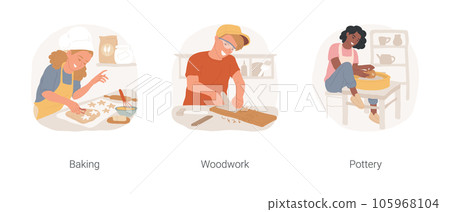 Hands-on hobby isolated cartoon vector illustration set. Teenage girl wearing apron and baking in kitchen, teen boy carpenter making woodwork project, working on potters wheel vector cartoon. Hands-on hobby isolated cartoon vector illustration set. Teenage girl wearing apron and baking in kitchen, teen boy carpenter making woodwork project, working on potters wheel vector cartoon. 105968104