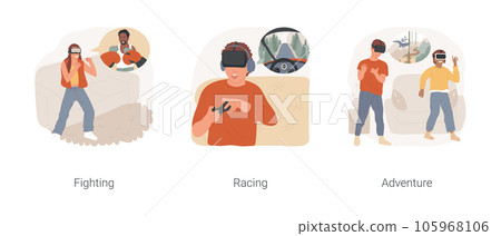 VR at home isolated cartoon vector illustration set. Fighting game, teen boxing in VR headset, racing, augmented driving experience, virtual reality adventure, world simulation vector cartoon. 105968106