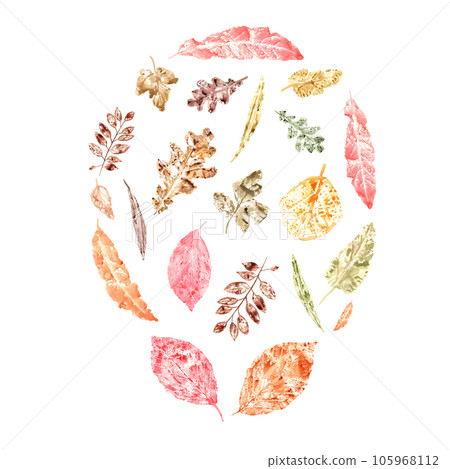 Round dance of autumn dry leaves isolated on white background. Colorful fall leaves imprints. Watercolor illustration of leaf silhouettes for posters, texture, frame, cards Round dance of autumn dry leaves isolated on white background. Colorful fall leaves imprints. Watercolor illustration of leaf silhouettes for posters, texture, frame, cards 105968112