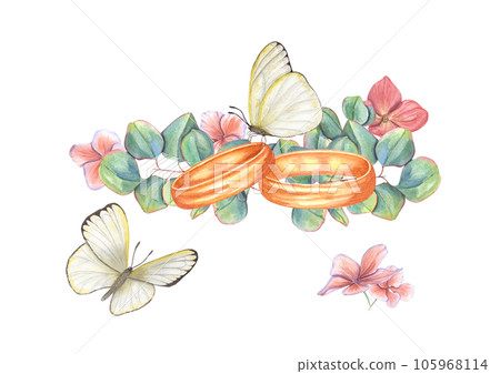Composition with Wedding Rings, Eucalyptus Branches, Hydrangea Flowers and Fluttering Butterflies. Watercolor illustration isolated on white background. For the design of invitation, greetings Composition with Wedding Rings, Eucalyptus Branches, Hydrangea Flowers and Fluttering Butterflies. Watercolor illustration isolated on white background. For the design of invitation, greetings 105968114