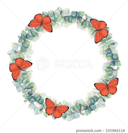 Watercolor wreath with eucalyptus branch and orange scarce copper butterflies. Silver dollar greenery isolated on white background. Botanical illustration for postcard design, invitation template 105968116