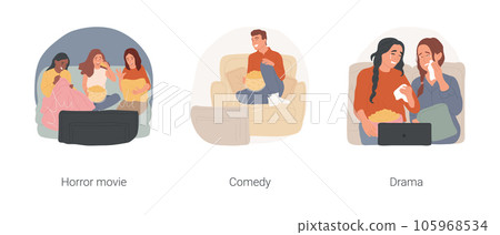 Watching movies on TV isolated cartoon vector illustration set. Scared teenage friends watching horror movie, laughing with comedy, eating popcorn, girls crying in front of TV drama vector cartoon. 105968534