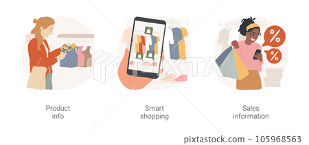 Smart retail isolated cartoon vector illustration set. Teen girl scanning product qr code in store, smart shopping, augmented reality in retail, sales info, promo code, mall app vector cartoon. 105968563