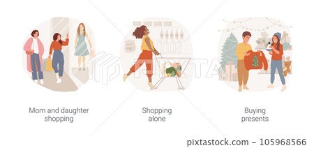 Visit shopping mall isolated cartoon vector illustration set. Mom and teen daughter walking with shopping bags, make purchases alone, buying presents, mall, Christmas holiday vector cartoon. Visit shopping mall isolated cartoon vector illustration set. Mom and teen daughter walking with shopping bags, make purchases alone, buying presents, mall, Christmas holiday vector cartoon. 105968566