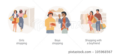 Teenagers shopping isolated cartoon vector illustration set. Teenage girl walking on street, holding many bags, guy choosing sneakers in a store, go shopping with boyfriend vector cartoon. 105968567