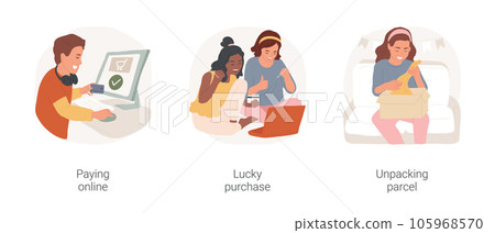 Online store isolated cartoon vector illustration set. Smiling teenager holding bank card, paying online, happy with purchase, ecommerce store, unpacking parcel, order delivered vector cartoon. 105968570