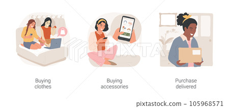 Online shopping isolated cartoon vector illustration set. Girls choose clothes on website, teen shopping, buying colorful accessories, holding parcel delivered to apartment vector cartoon. 105968571
