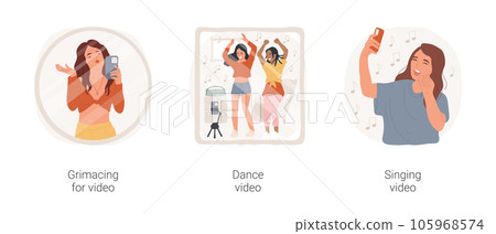 Friendship videos isolated cartoon vector illustration set. Grimacing for camera, making funny faces, filming dance video, teen girls singing with clenched fist like microphone vector cartoon. 105968574