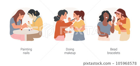 Girls friendship isolated cartoon vector illustration set. Two young women painting each others nails, girls doing makeup to each other, teens making bead bracelets, leisure time vector cartoon. 105968578