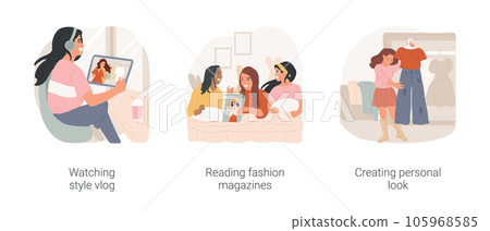 Creating personal style isolated cartoon vector illustration set. Teen watching style video vlog, reading fashion magazine, creating personal look, girl trying on clothes at home vector cartoon. 105968585