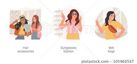 Choosing accessories isolated cartoon vector illustration set. Trying on hair accessories, sunglasses fashion, grimacing in front of mirror, trendy belt beg, teenage shopping vector cartoon. 105968587