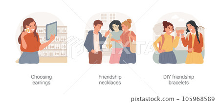 Teens accessories isolated cartoon vector illustration set. Teenage girl trying on earrings in store, wearing friendly necklace, holding hands with handmade friendship bracelets vector cartoon. Teens accessories isolated cartoon vector illustration set. Teenage girl trying on earrings in store, wearing friendly necklace, holding hands with handmade friendship bracelets vector cartoon. 105968589