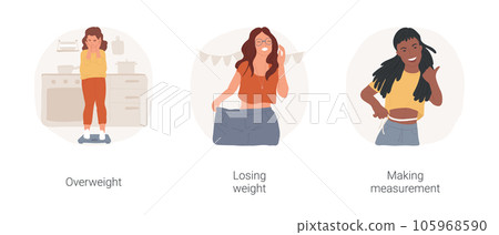 Teen losing weight isolated cartoon vector illustration set. Girl standing on weights with unhappy face, overweight problem, pants become too big, losing weight, measure waist vector cartoon. 105968590
