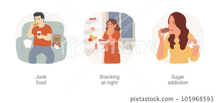 Bad food habits isolated cartoon vector illustration set. Teenage obesity problem, eating unhealthy, overweight teenage boy eating junk food, snacking at night, sugar addiction vector cartoon. 105968591