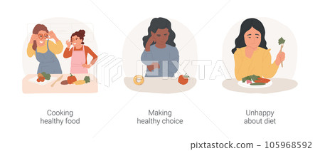 Diet and nutrition isolated cartoon vector illustration set. Cooking food at home together, making healthy choice, deciding between donut and apple, teenage girl unhappy about diet vector cartoon. Diet and nutrition isolated cartoon vector illustration set. Cooking food at home together, making healthy choice, deciding between donut and apple, teenage girl unhappy about diet vector cartoon. 105968592