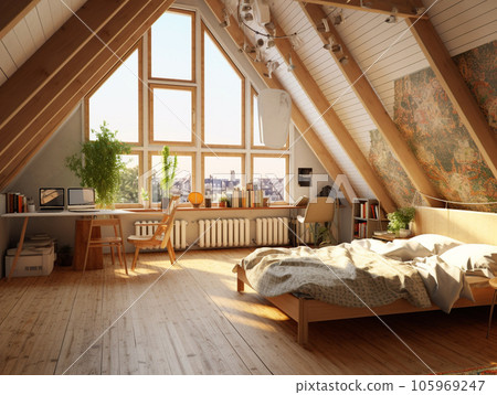 Modern interior design Triangle attic room in modern vintage style 105969247