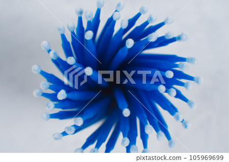 View from above of bunch of professional microbrushes, using for eyelash extension procedure, lying in container. 105969699