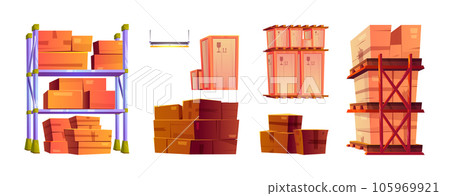Warehouse interior set with pallet and box vector 105969921