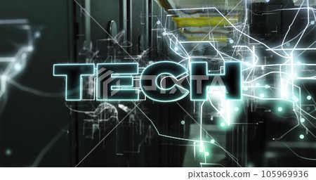 Image of tech text and data processing over computer servers 105969936