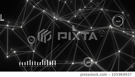 Image of bright white network and data processing over distant network on black background 105969937