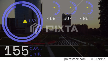 Image of stock market data processing against aerial view of cityscape Image of stock market data processing against aerial view of cityscape 105969954