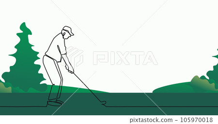 Image of drawing of male golf player over trees 105970018